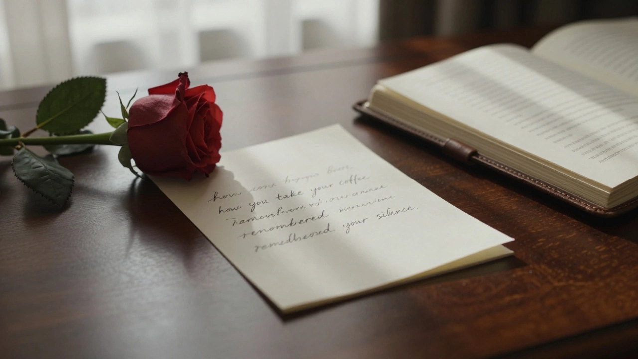 A handwritten note and rose resting on a wooden desk in a luxury hotel room, morning light filtering through sheer curtains.