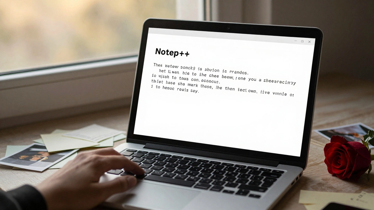 A love letter typed in Notepad++ with a rose and photo beside an old laptop.