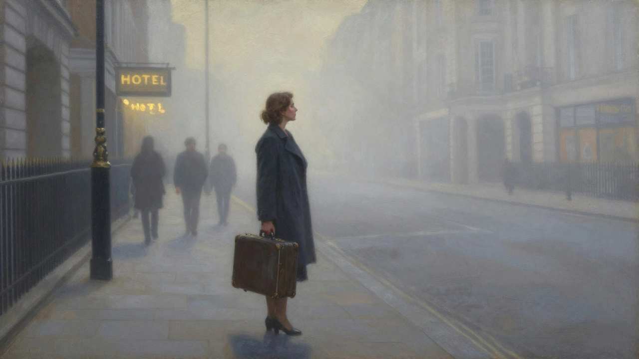 A solitary woman on a foggy London street at dawn, suitcase in hand, facing the city.